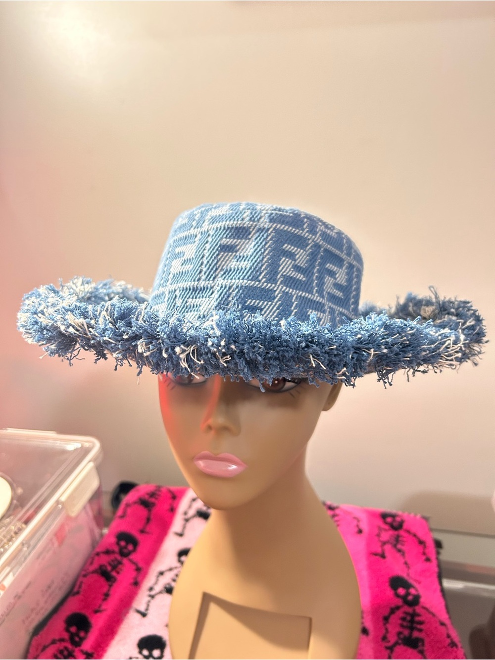 Authentic Fendi Light Blue Textured Fringe Brim Hat